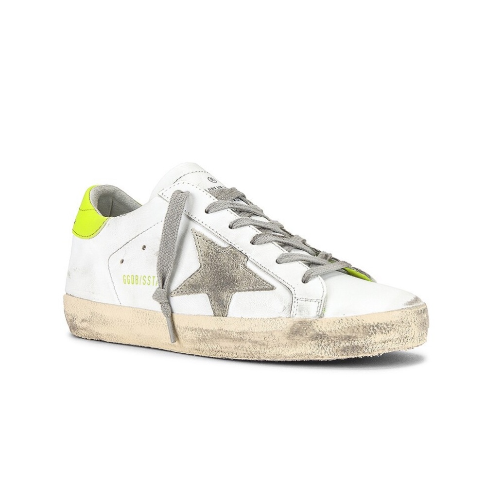 Golden Goose White Sneakers with Gray Star and Neon Yellow Heel - Picture 2 of 13
